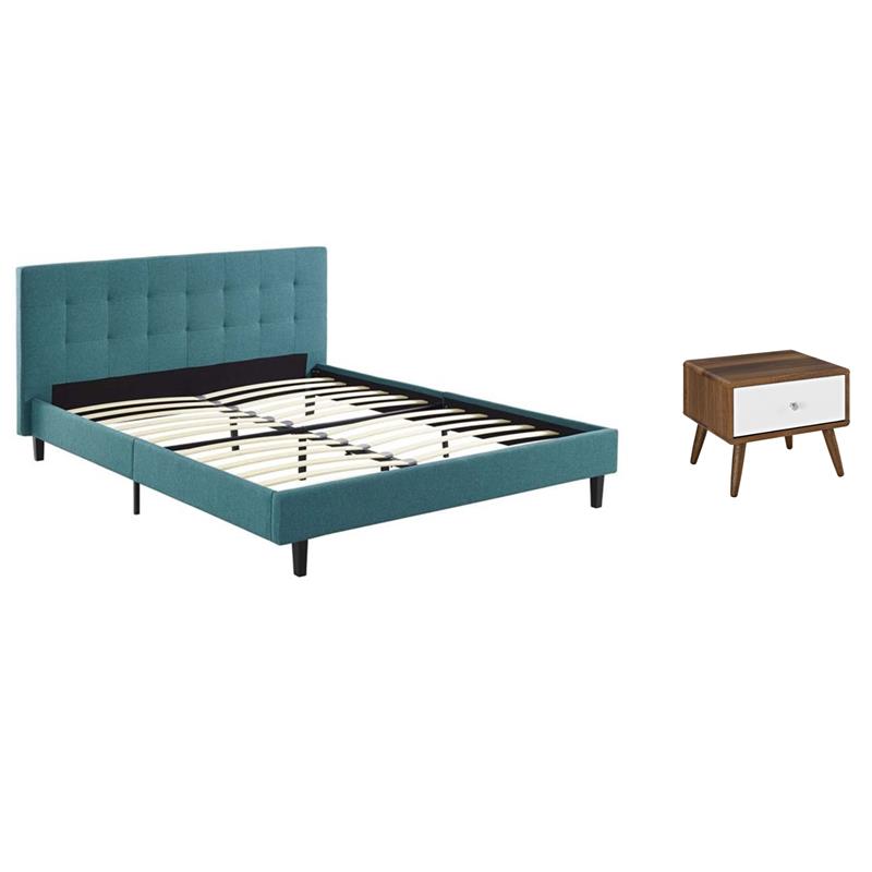 Pemberly Row Set of 2 Queen Modern Bed in Teal Blue & Nightstand in Walnut/White