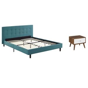 Pemberly Row Set of 2 Queen Modern Bed in Teal Blue & Nightstand in Walnut/White