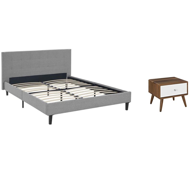 Pemberly Row Set of 2 Queen Bed in Light Gray and Nightstand in Walnut/White