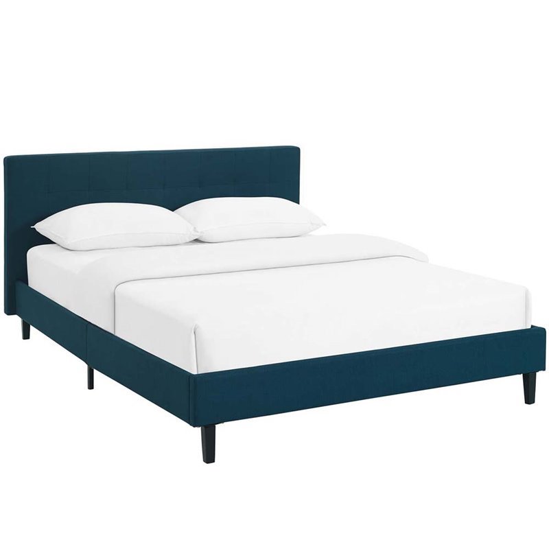 Pemberly Row Set of 2 Full Modern Bed in Azure Blue & Nightstand in Walnut/White