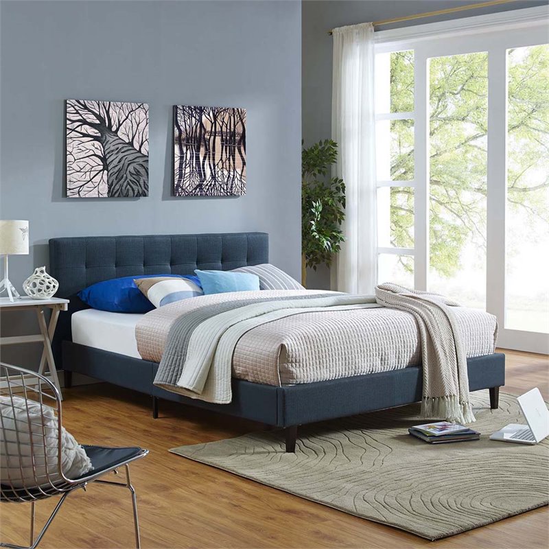 Pemberly Row Set of 2 Full Modern Bed in Azure Blue & Nightstand in Walnut/White
