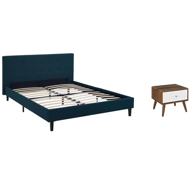 Pemberly Row Set of 2 Full Modern Bed in Azure Blue & Nightstand in Walnut/White