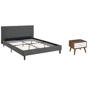 Pemberly Row Set of 2 Queen Modern Bed in Gray and Nightstand in Walnut/White