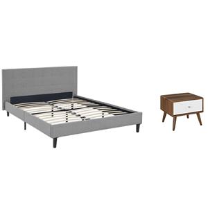 Pemberly Row Set of 2 Full Modern Bed in Light Gray & Nightstand in Walnut/White