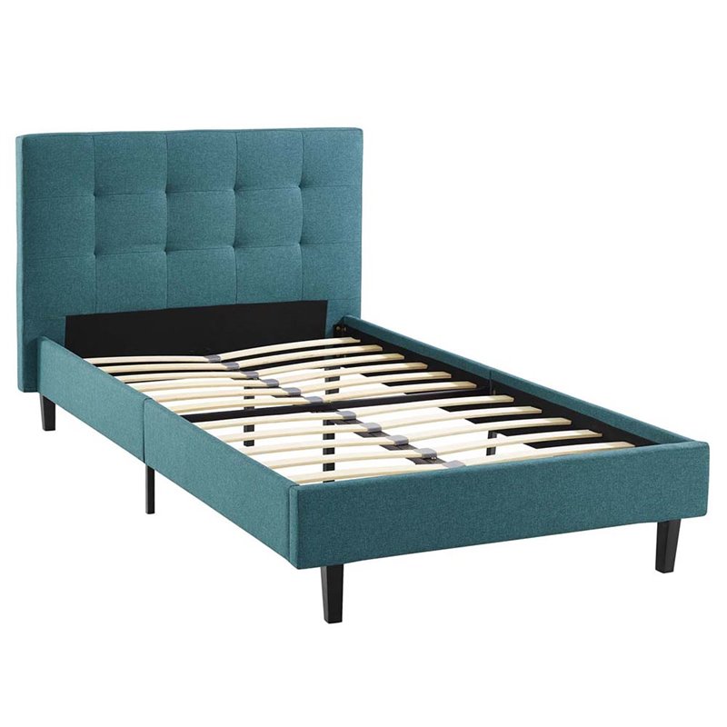 Pemberly Row Set of 2 Twin Modern Bed in Teal Blue & Nightstand in Walnut/White
