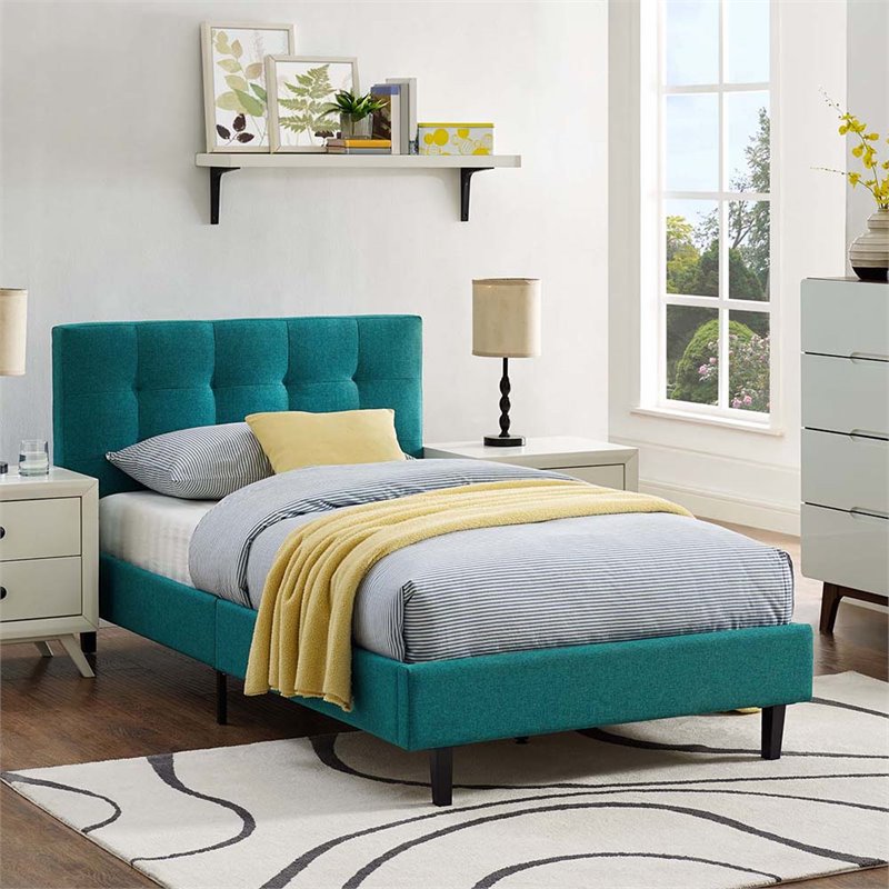 Pemberly Row Set of 2 Twin Modern Bed in Teal Blue & Nightstand in Walnut/White