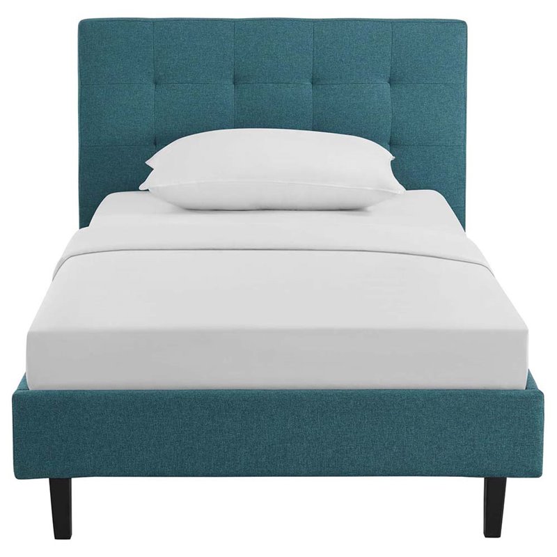 Pemberly Row Set of 2 Twin Modern Bed in Teal Blue & Nightstand in Walnut/White