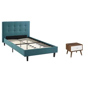 Pemberly Row Set of 2 Twin Modern Bed in Teal Blue & Nightstand in Walnut/White