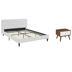 Pemberly Row Set of 2 Queen Bed in White and Nightstand in Walnut/White