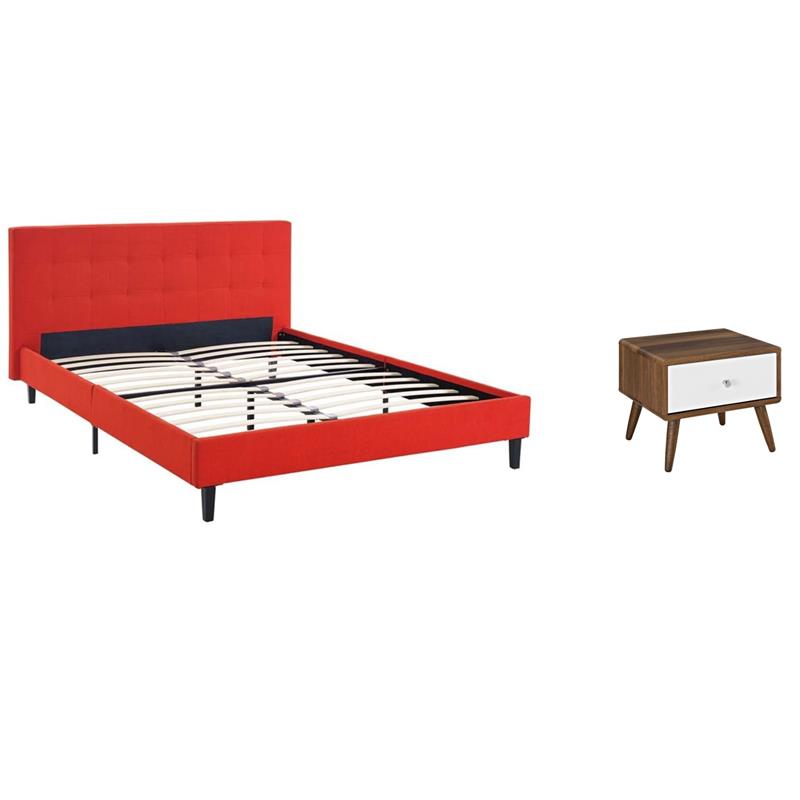 Pemberly Row Set of 2 Full Bed in Atomic Red and Nightstand in Walnut/White