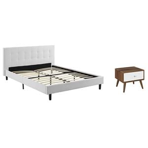 Pemberly Row Set of 2 Full Modern Bed in White and Nightstand in Walnut/White