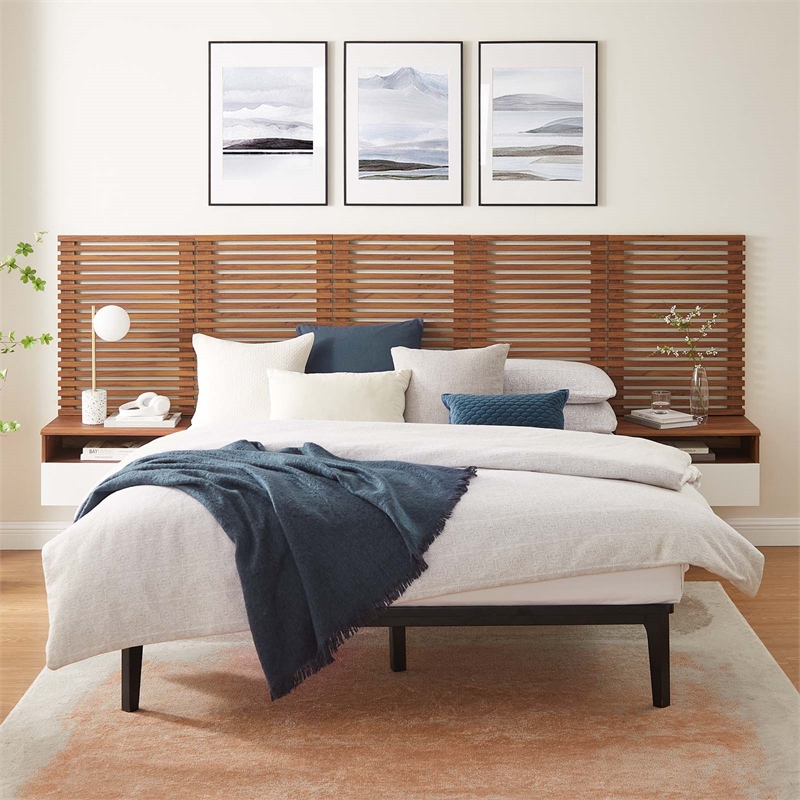Pemberly Row Set of 2 Modern Wood Queen Headboard and Nightstands in Walnut