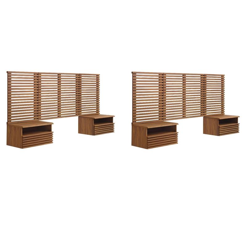 Pemberly Row Set of 2 Modern Wood Twin Headboard and Nightstands in Walnut