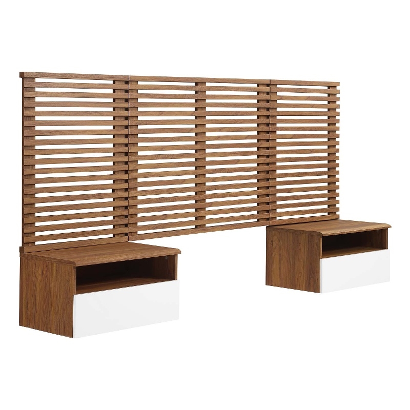 Pemberly Row Set of 2 Modern Wood Twin Headboard and Nightstands in Walnut