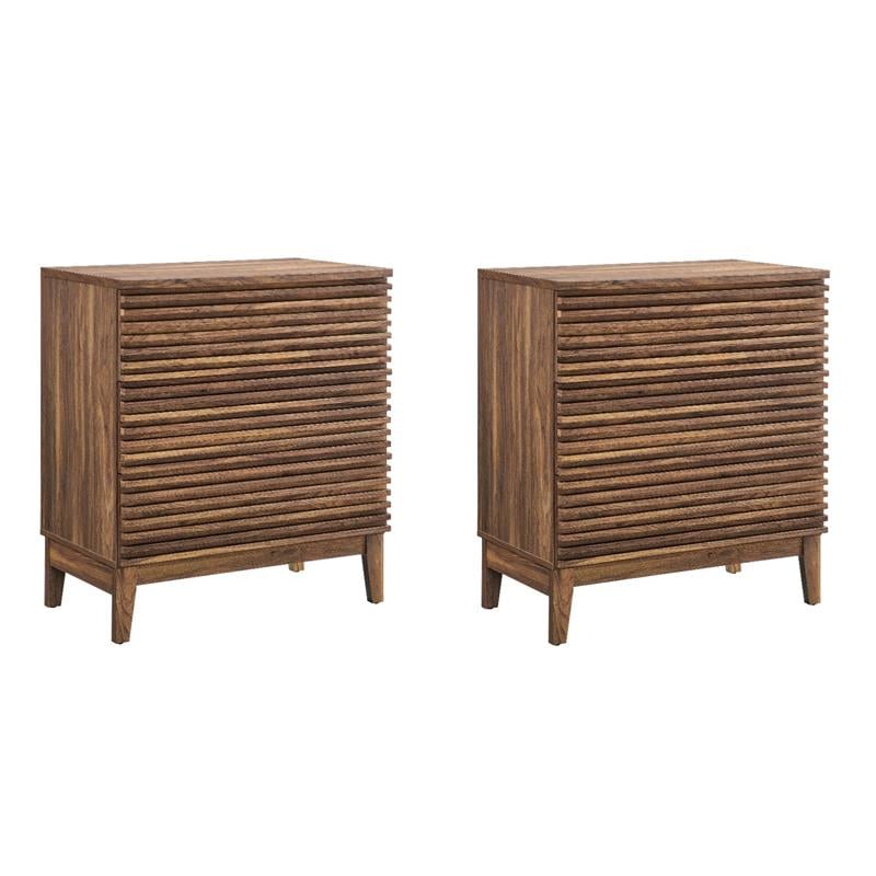 Pemberly Row Set of 2 Contemporary Nightstands in Walnut Finish