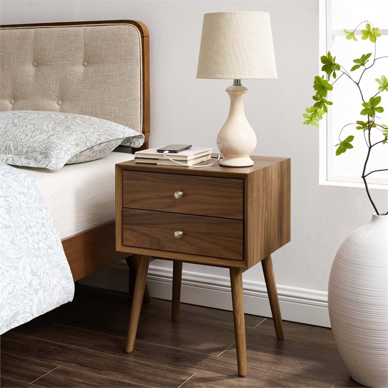 Pemberly Row Set of 2 Modern Engineered Wood Nightstands With USB Ports - Walnut