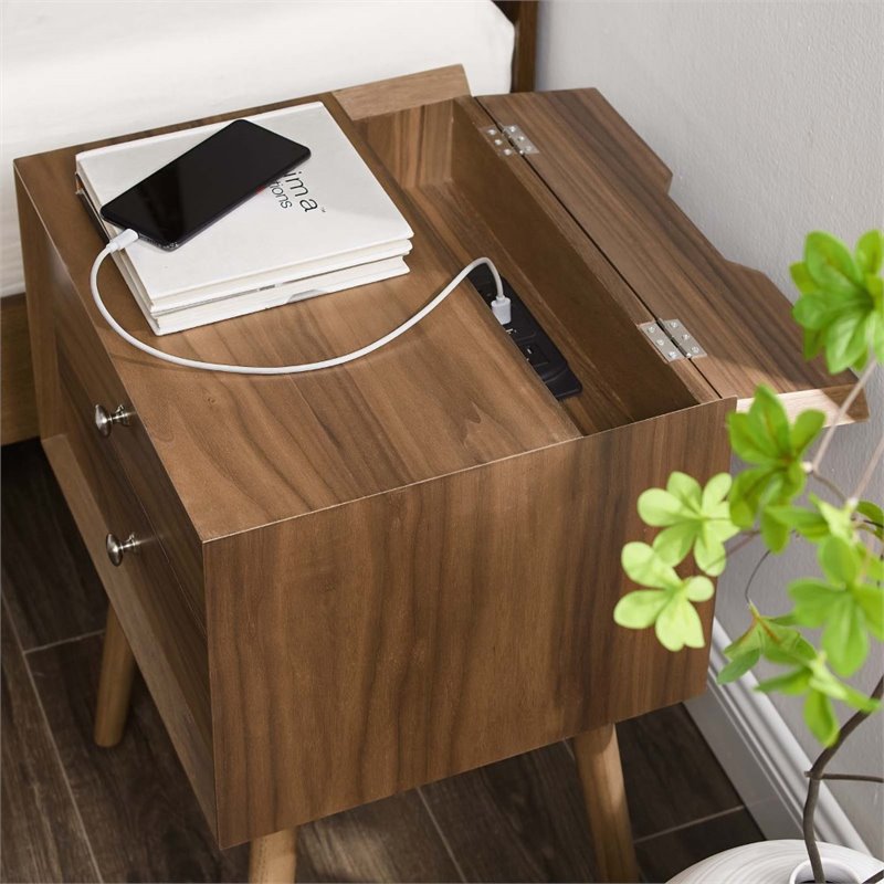 Pemberly Row Set of 2 Modern Engineered Wood Nightstands With USB Ports - Walnut
