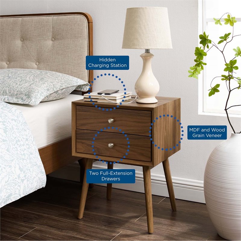 Pemberly Row Set of 2 Modern Engineered Wood Nightstands With USB Ports - Walnut