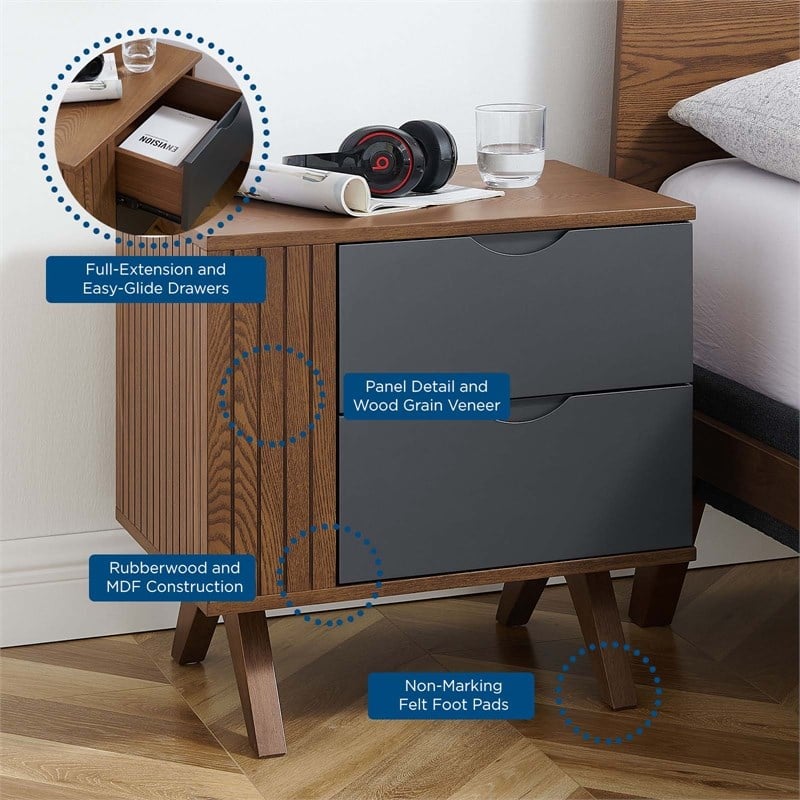 Pemberly Row Set of 2 Modern MDF Wood and Rubberwood Nightstands in Walnut/Gray