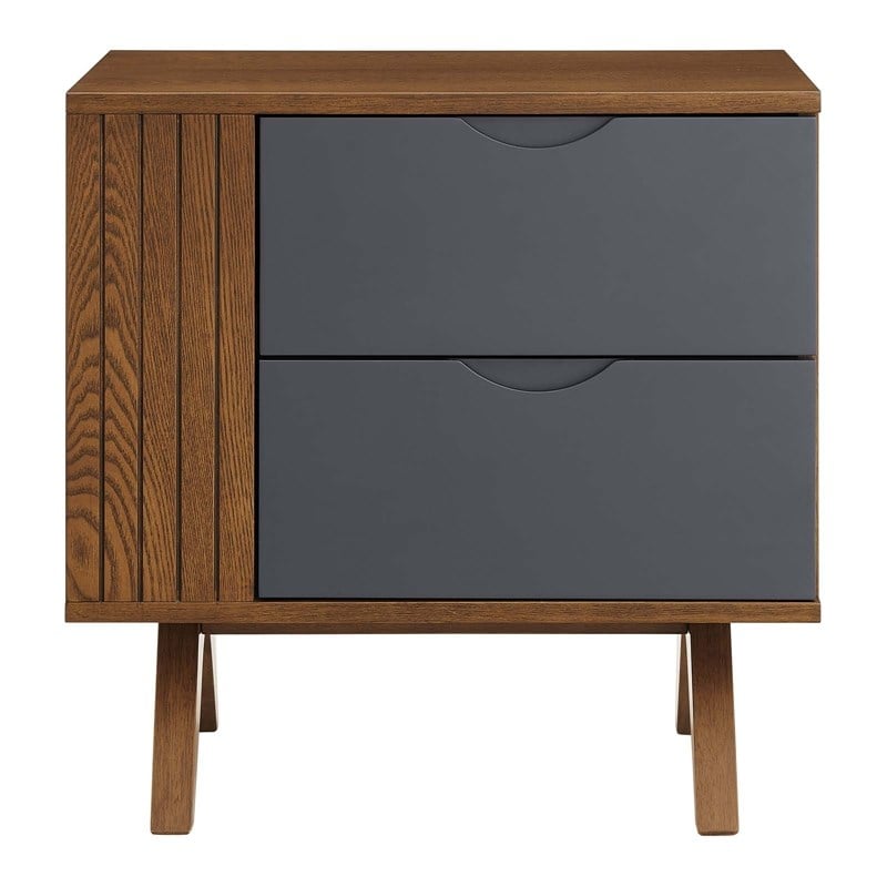 Pemberly Row Set of 2 Modern MDF Wood and Rubberwood Nightstands in Walnut/Gray