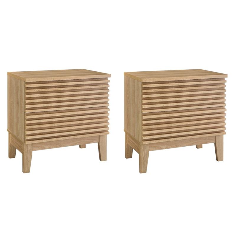 Pemberly Row Set of 2 Two-Drawer Particleboard Wood Nightstands in Oak
