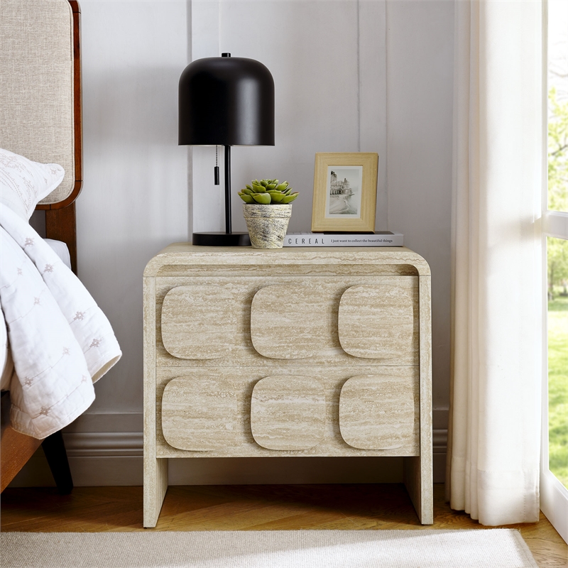 Pemberly Row Set of 2 Contemporary Nightstands in Travertine Finish