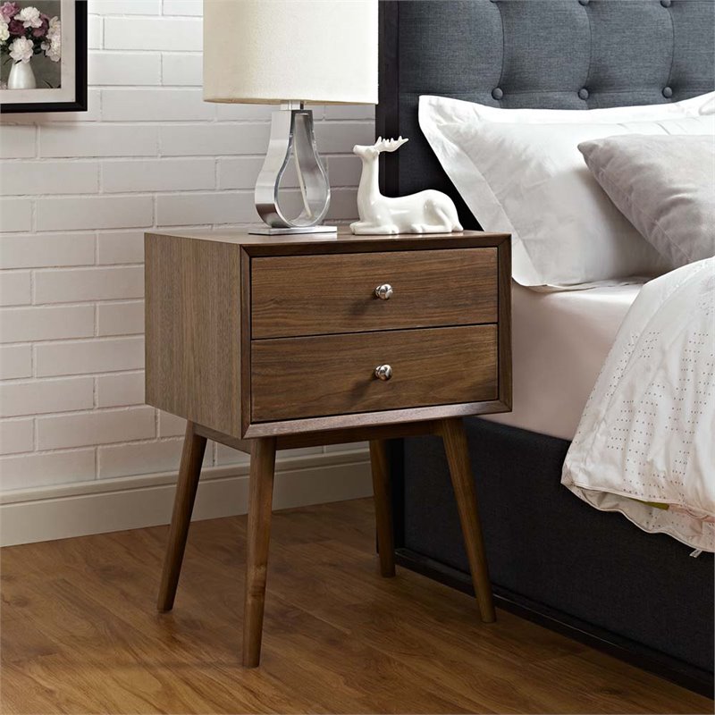 Pemberly Row Set of 2 Modern Wood and Metal Nightstands in Walnut