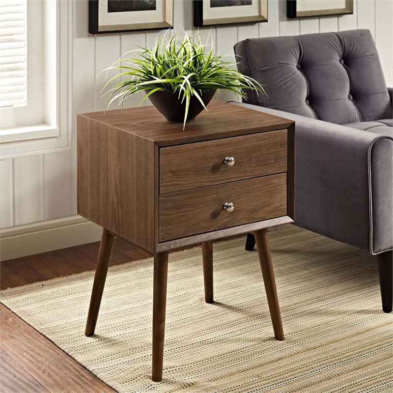 Pemberly Row Set of 2 Modern Wood and Metal Nightstands in Walnut
