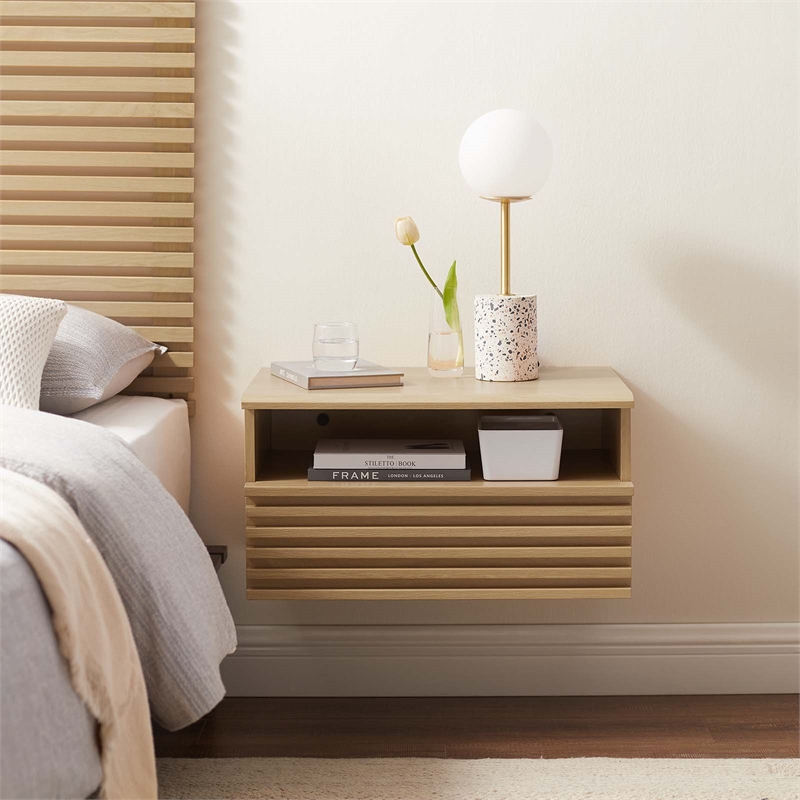 Pemberly Row Set of 2 1-Drawer Wall-Mount Modern Wood Nightstands in Oak
