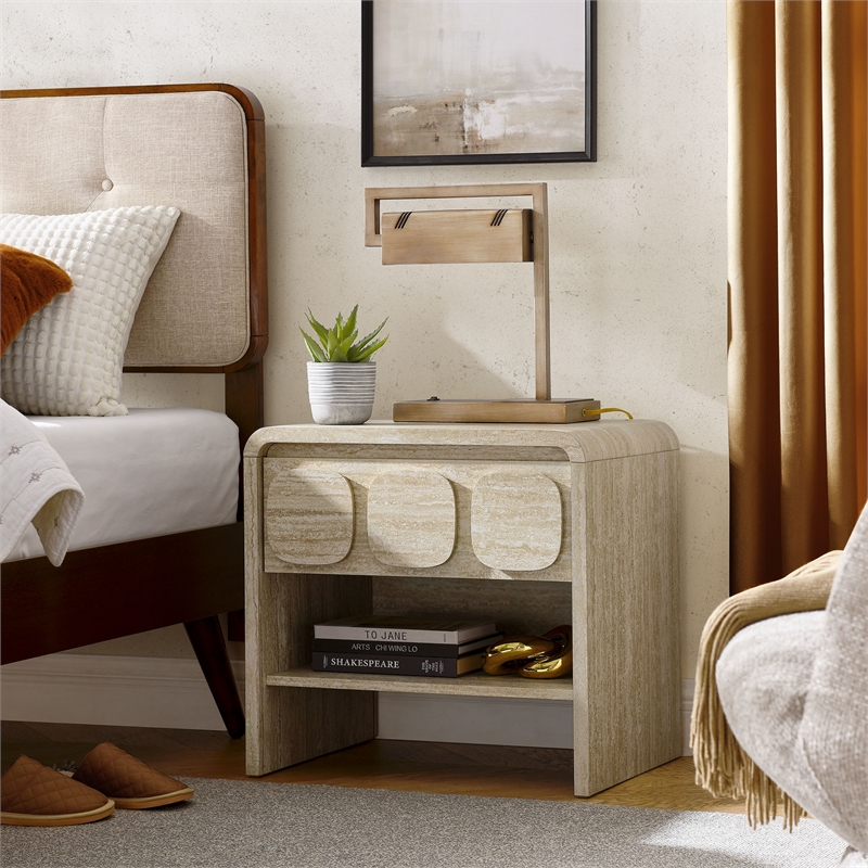 Pemberly Row Set of 2 Contemporary Nightstands in Travertine Finish