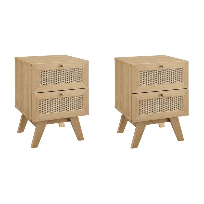 Pemberly Row Set of 2 2-Drawer Rattan MDF and Particleboard Nightstands in Oak
