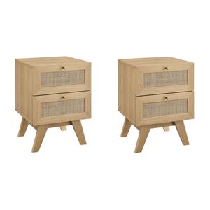 Pemberly Row Set of 2 2-Drawer Rattan MDF and Particleboard Nightstands in Oak