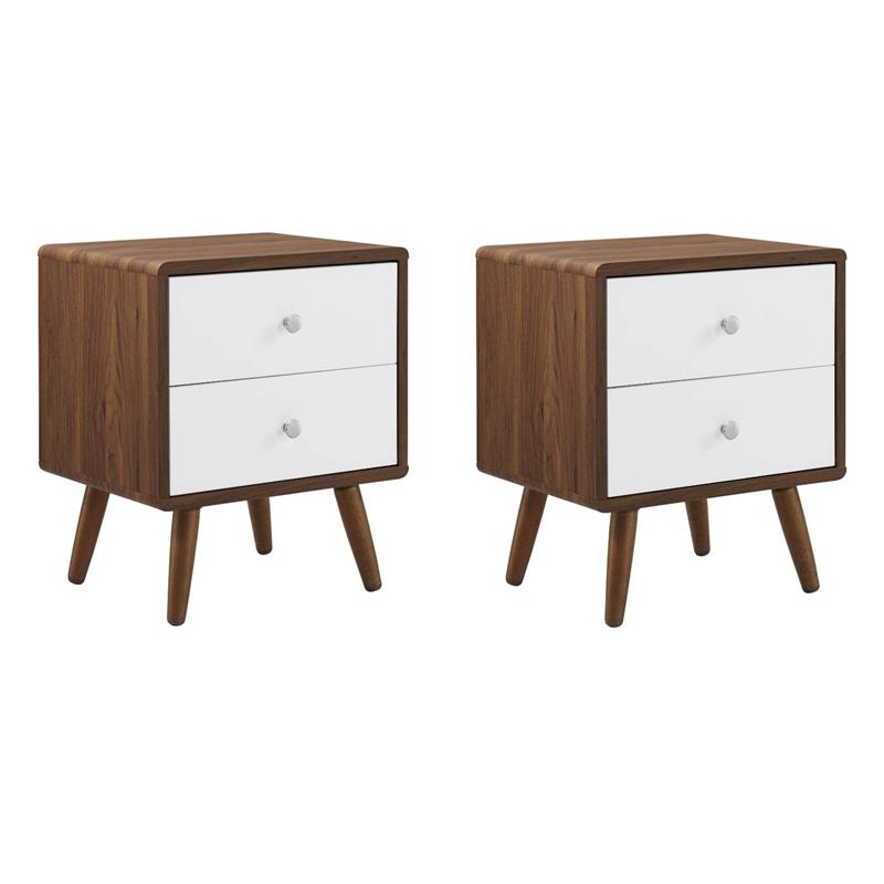 Pemberly Row Set of 2 2-Drawer Particleboard Wood Nightstands in Walnut/White