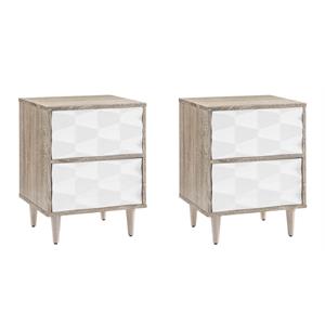 Pemberly Row Set of 2 2-Drawer Wood Nightstands with Tapered Legs in Oak/White