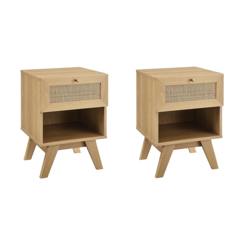 Pemberly Row Set of 2 1-Drawer Rattan MDF and Particleboard Nightstands in Oak
