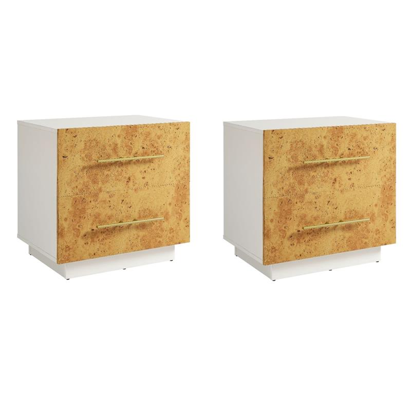 Pemberly Row Set of 2 2-Drawer Nightstands in White Bleached Burl