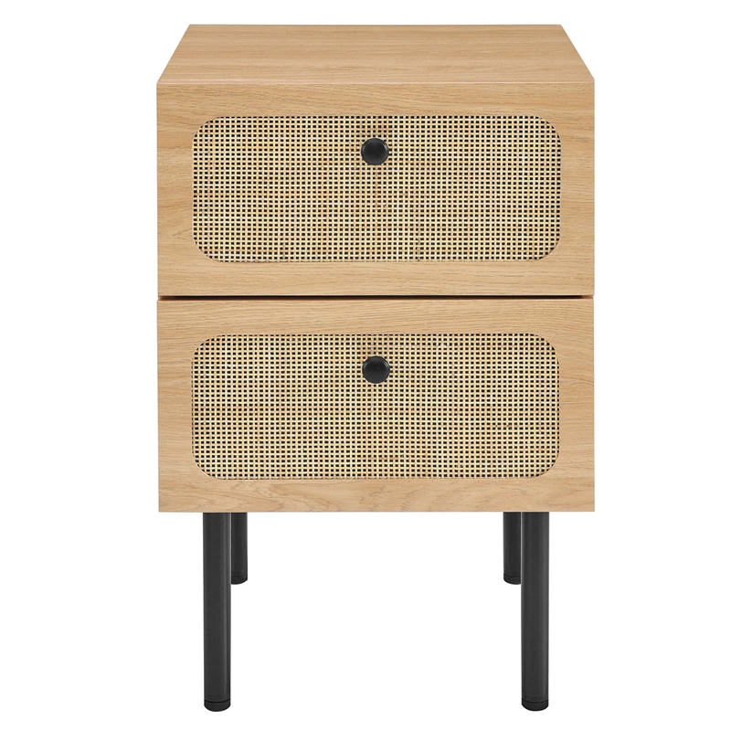 Pemberly Row Set of 2 2-Drawer Particleboard and Rattan Nightstands in Oak