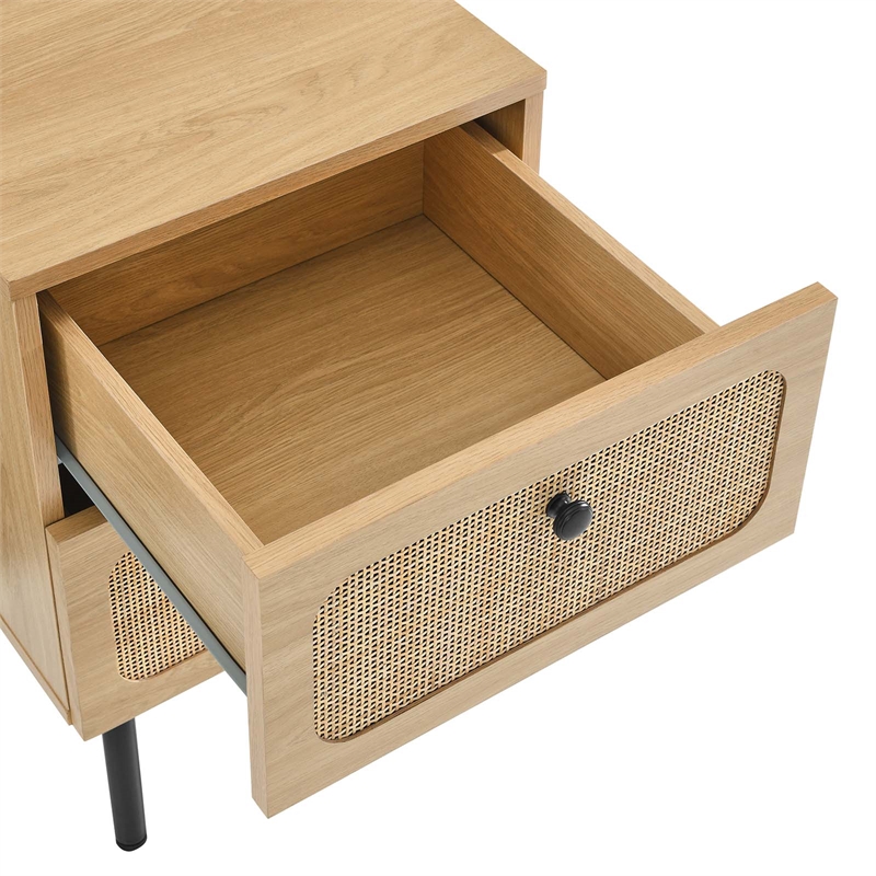Pemberly Row Set of 2 2-Drawer Particleboard and Rattan Nightstands in Oak