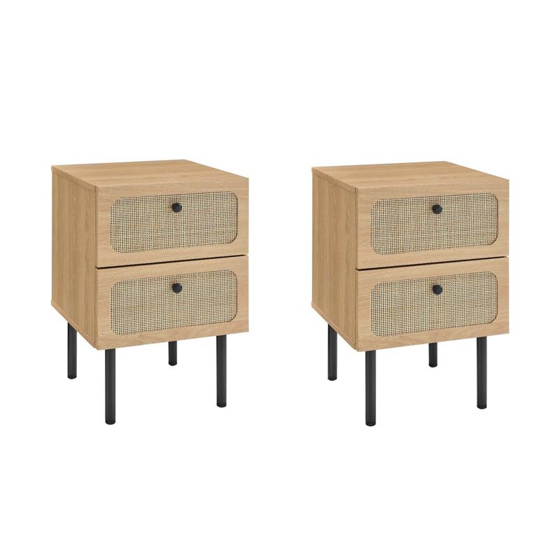 Pemberly Row Set of 2 2-Drawer Particleboard and Rattan Nightstands in Oak