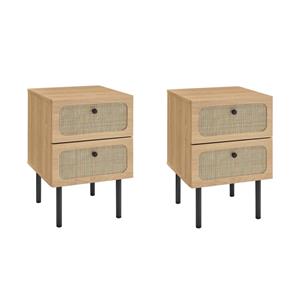Pemberly Row Set of 2 2-Drawer Particleboard and Rattan Nightstands in Oak