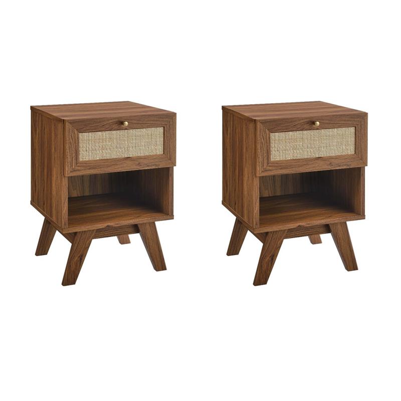 Pemberly Row Set of 2 1-Drawer Rattan MDF and Particleboard Nightstands - Walnut