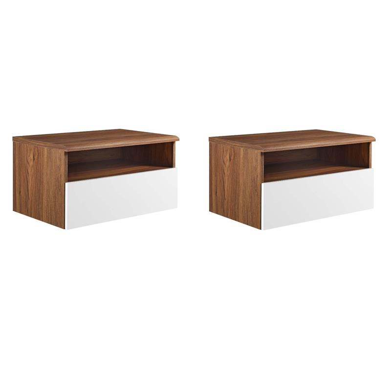 Pemberly Row Set of 2 1-Shelf Wall Mount Wood Nightstands in Walnut and White