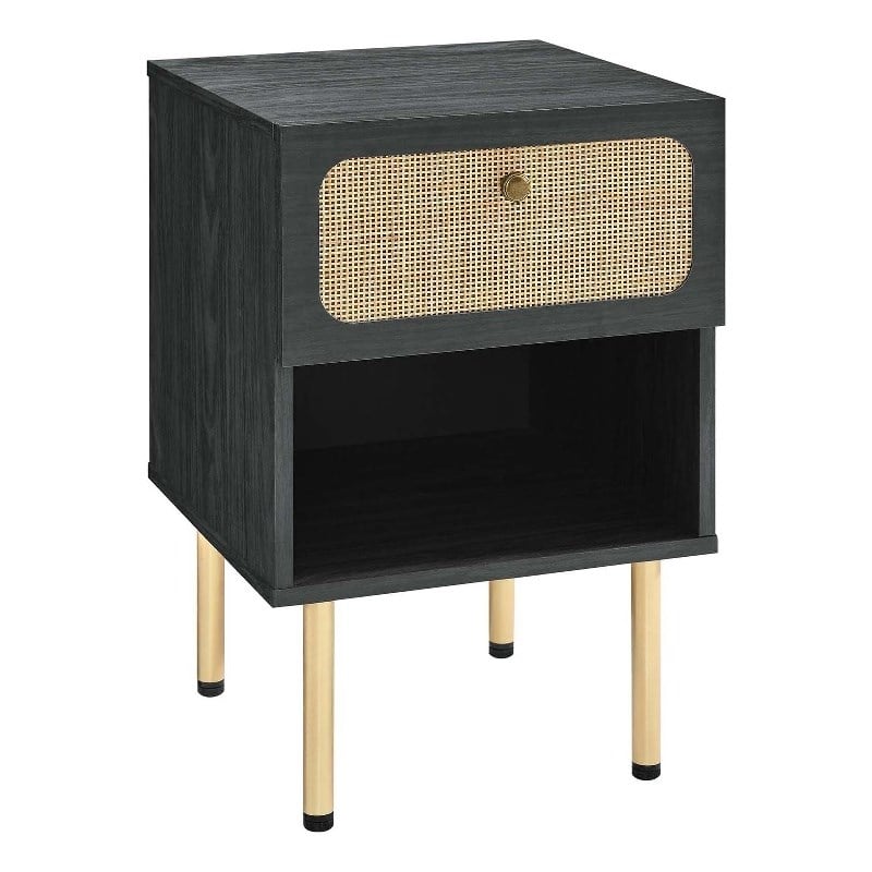 Pemberly Row Set of 2 Modern Particleboard and Rattan Nightstands in Black