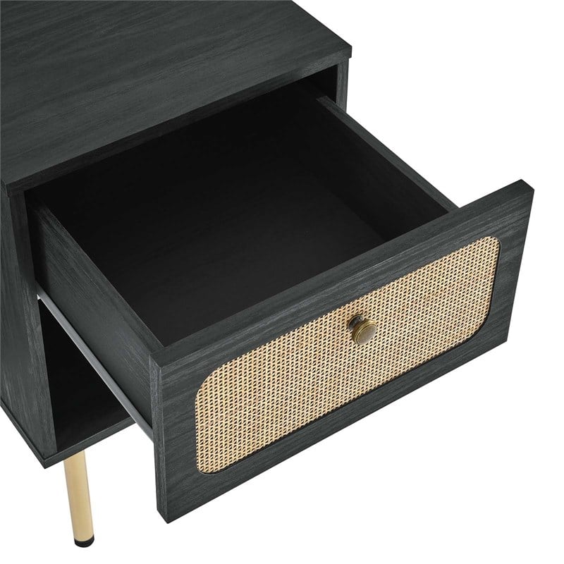 Pemberly Row Set of 2 Modern Particleboard and Rattan Nightstands in Black