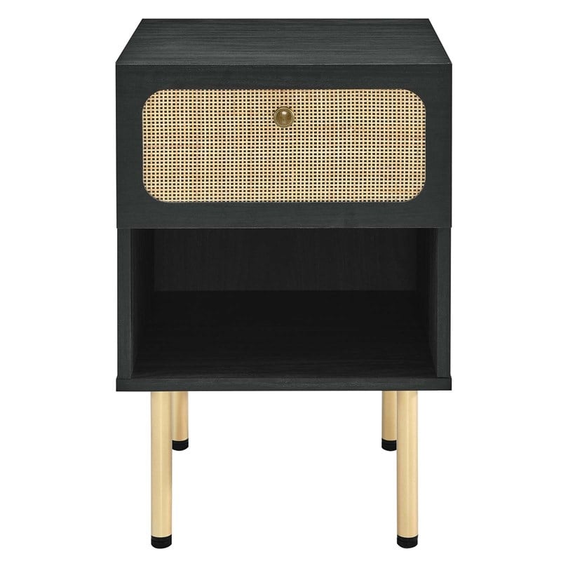 Pemberly Row Set of 2 Modern Particleboard and Rattan Nightstands in Black