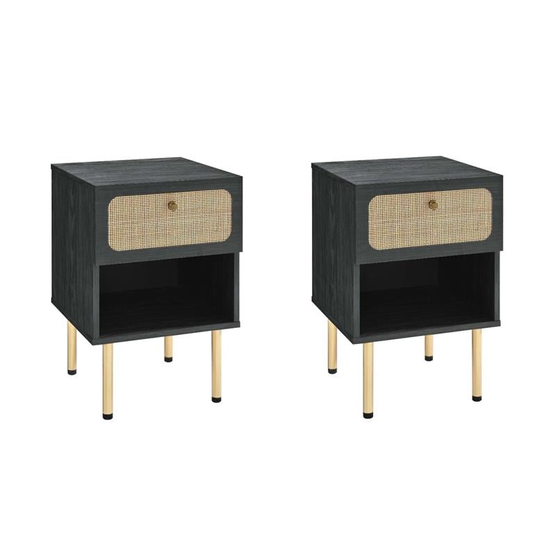 Pemberly Row Set of 2 Modern Particleboard and Rattan Nightstands in Black