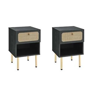 Pemberly Row Set of 2 Modern Particleboard and Rattan Nightstands in Black