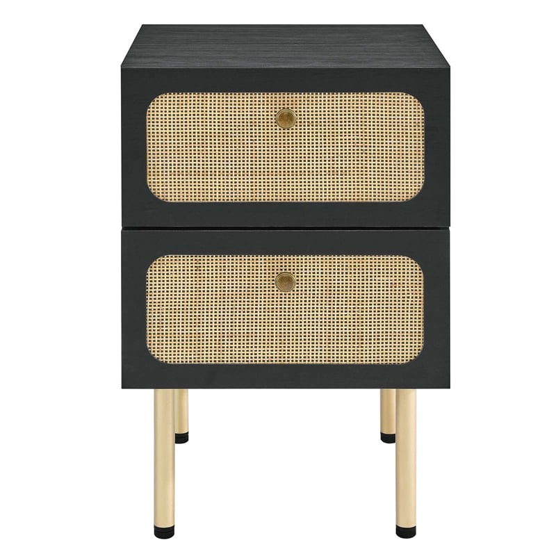 Pemberly Row Set of 2 2-Drawer Particleboard and Rattan Nightstands in Black