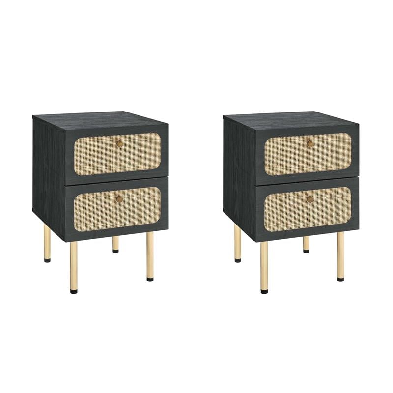 Pemberly Row Set of 2 2-Drawer Particleboard and Rattan Nightstands in Black