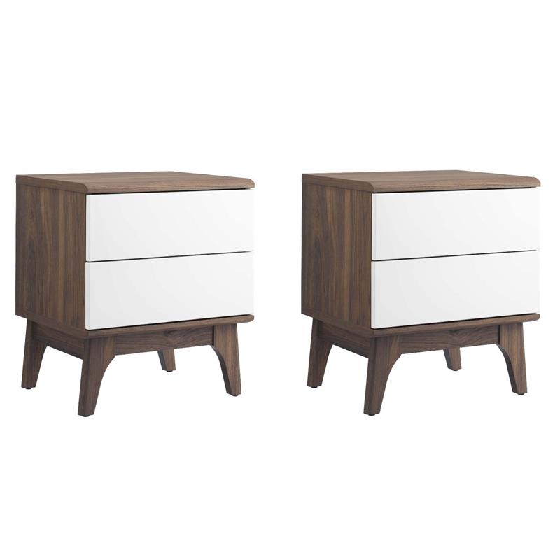 Pemberly Row Set of 2 2-Drawer Particleboard Nightstands in Walnut/White